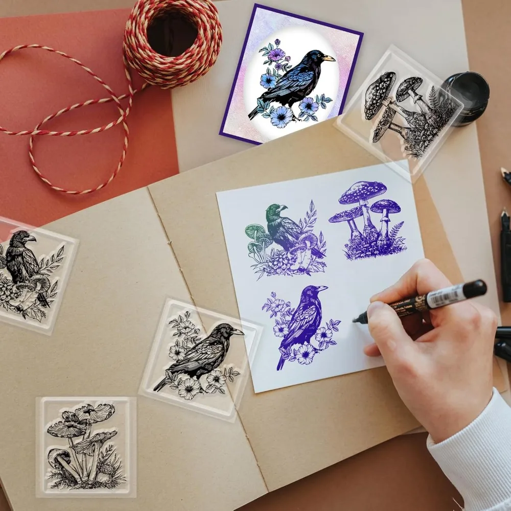 4Pcs Crows and Mushrooms Clear Stamps for DIY Flowers Clear Stamp Seals Stamps for Photo Album Journal Home Decoration