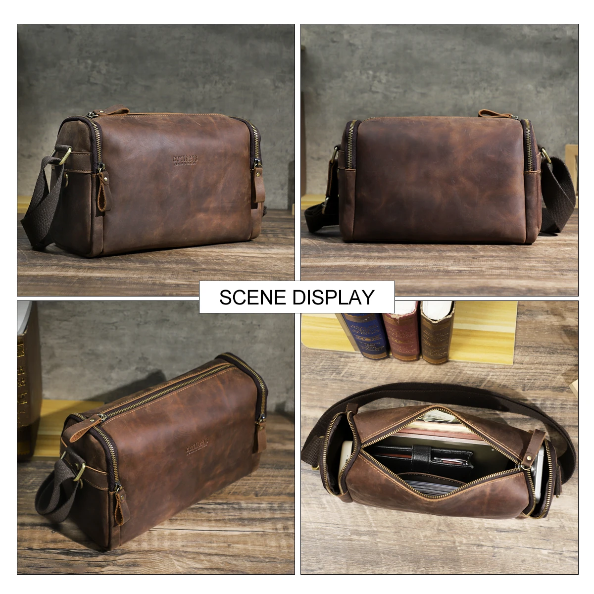 Crazy Horse Leather Men Handbag Designer Vintage Crossbody Bag Small Strap Sling Shoulder Bags Luxury Brand Messenger Bolsa sacs