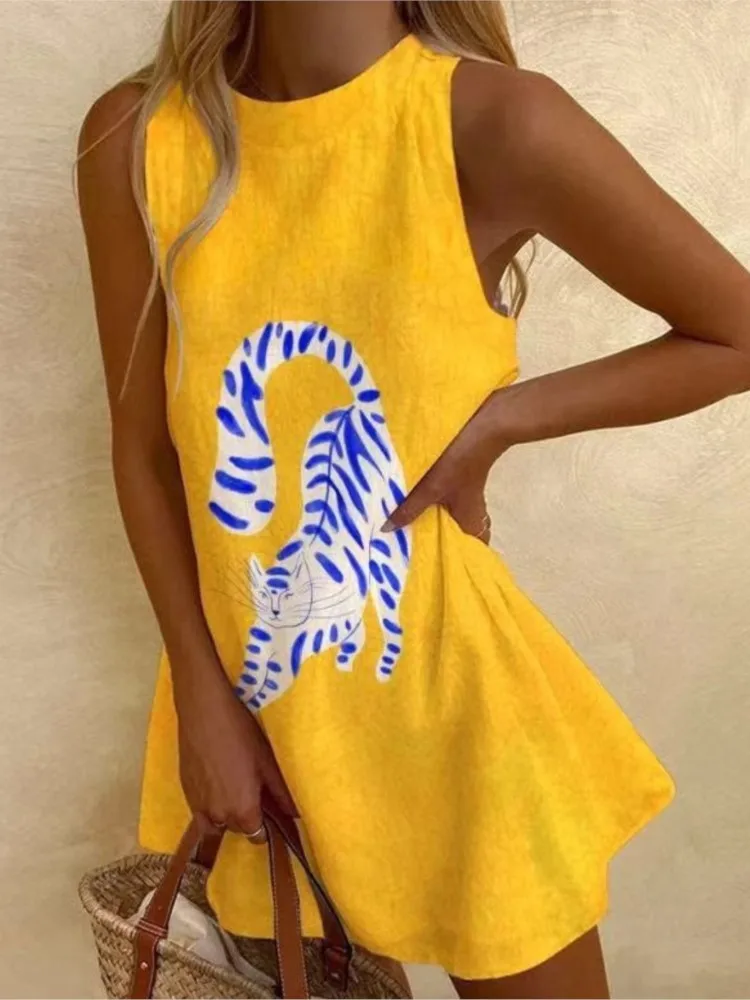 Bohemian Beach Style Print Dress Women Summer New Loose O Neck Sleeveless Mini Dresses Fashion Casual Holiday Vacation Vestidos