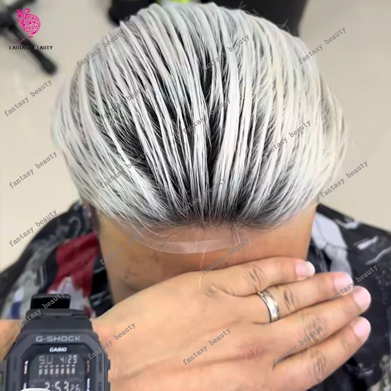 

Undetectable Full Swiss Lace Man's Wigs #1B Black Roots Ombre Platinum Blonde Toupee 100% Human Hair System Gray Male Hairpiece