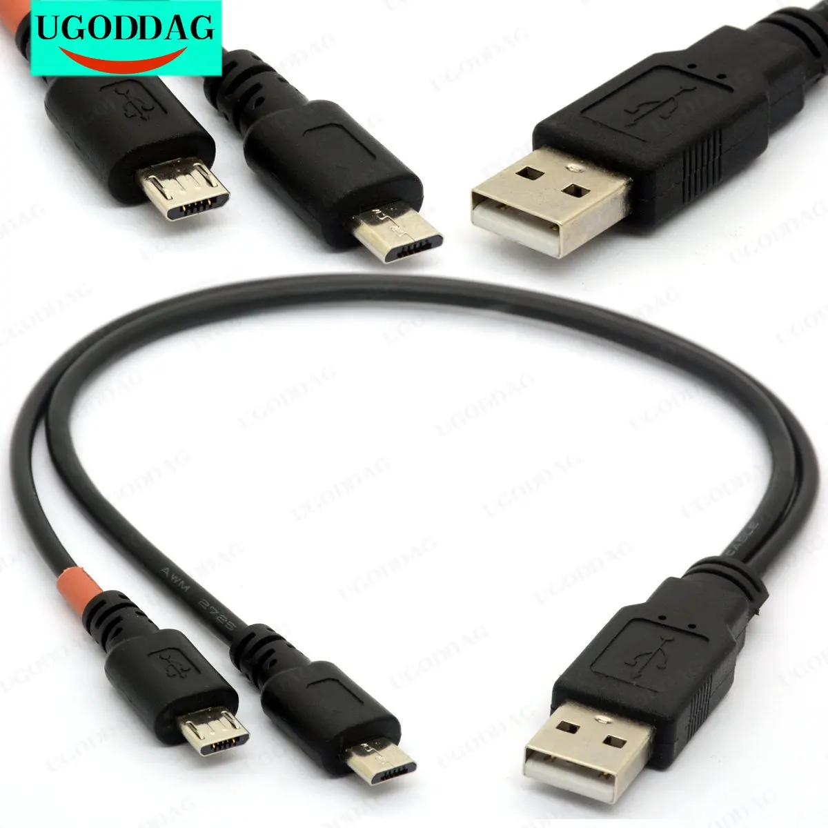 Разветвитель Y-образного кабеля Micro USB, 30 см, USB 2,0 A-Dual Micro B, усилитель мощности, адаптер-концентратор, 1 штекер-2 штекера, удлинитель Android