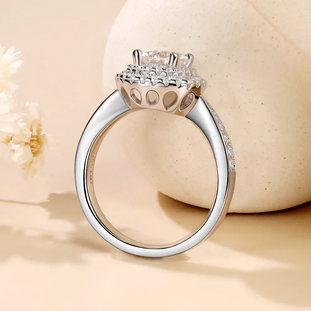 LinkerLove Dual Halo Round Moissanite Solitaire Ring S925 Sterling Silver 1CT Diamond Engagement Ring for Womens Fine Jewelry