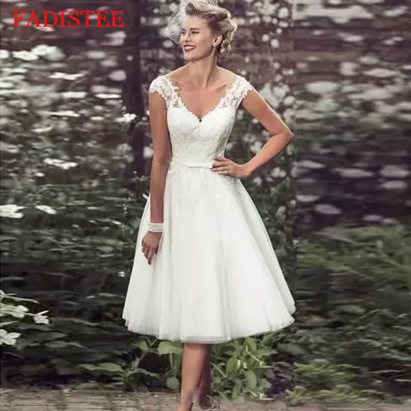 

New Style Sexy Deep Lace V-neck Tea Length Wedding Dresses Simple Robe De Mariée Formal Bride To Be Vestido De Novia