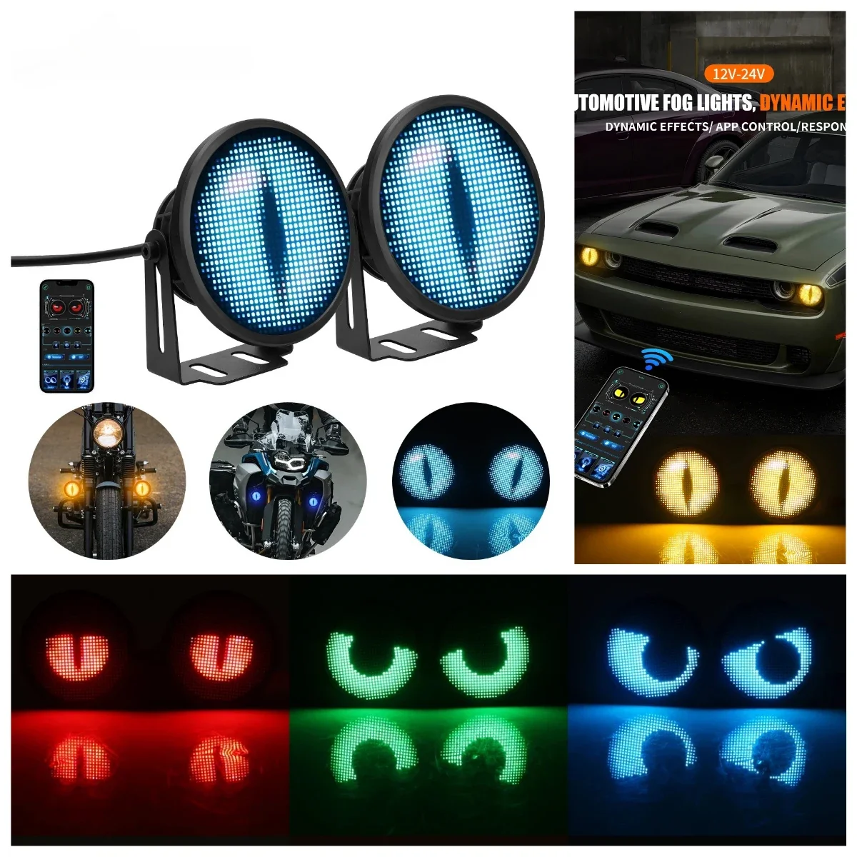 2pcs Devil Eye Lights 3inch APP LED Screen Blink Angel Eyes Fog Light DIY Multimedia Player Dynamic Eye Lights Car Headlamps
