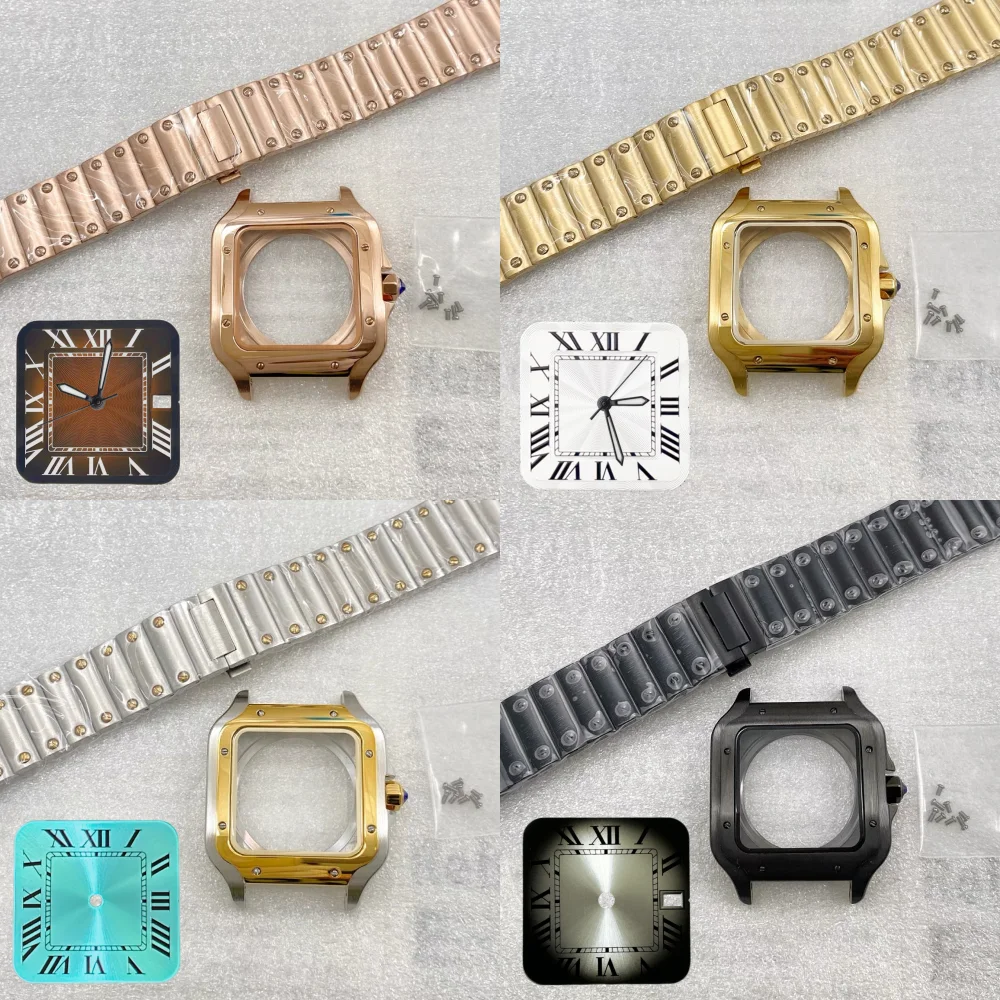 Square 38mm Watch Case 316L Steel Watch Repair and Modification Parts for Santos NH35 NH70 NH36/4R36 Watch Automatic Movements