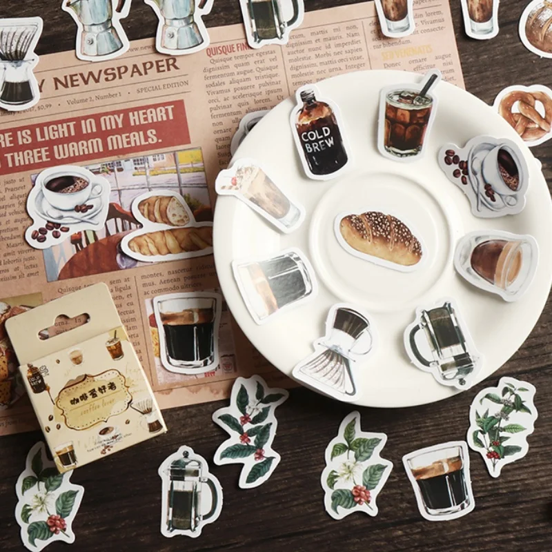 46 Sheets Vintage Coffee Stickers Creative Material Decoration Self Adhesive Label Stickers DIY Painting Stickers