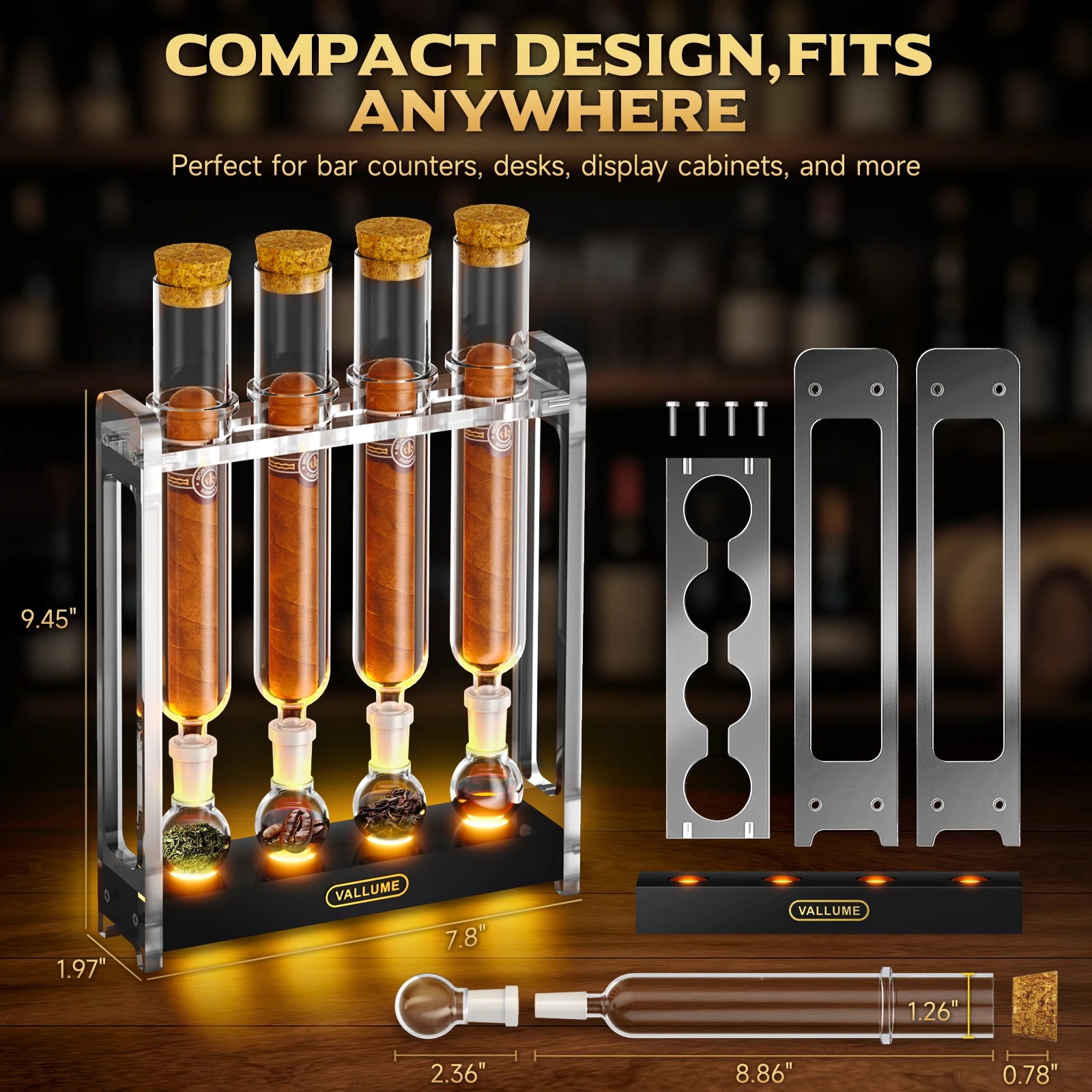 Cigar Flavoring Humidor Box Set with LED Light Base,4 Glass Tubes & Balls,Acrylic Display Stand for Aging & Display Gift for Men