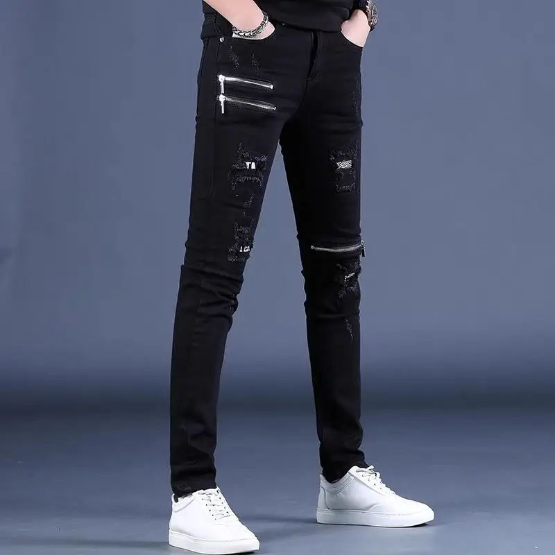 Fashion Korean Style Black Skinny Jeans knee zipper Luxury Men\'s Streetwear Slim Jeans with Holes Casual Wear Motorcycle Jeans