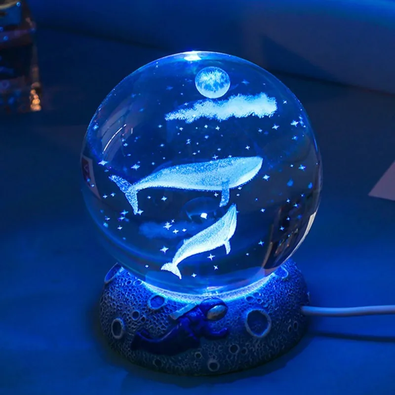 Creative 3D Carved Crystal Ball Jellyfish Astronaut Bedside Ambient Light Emitting Resin Base Desktop Ornament Birthday Gift