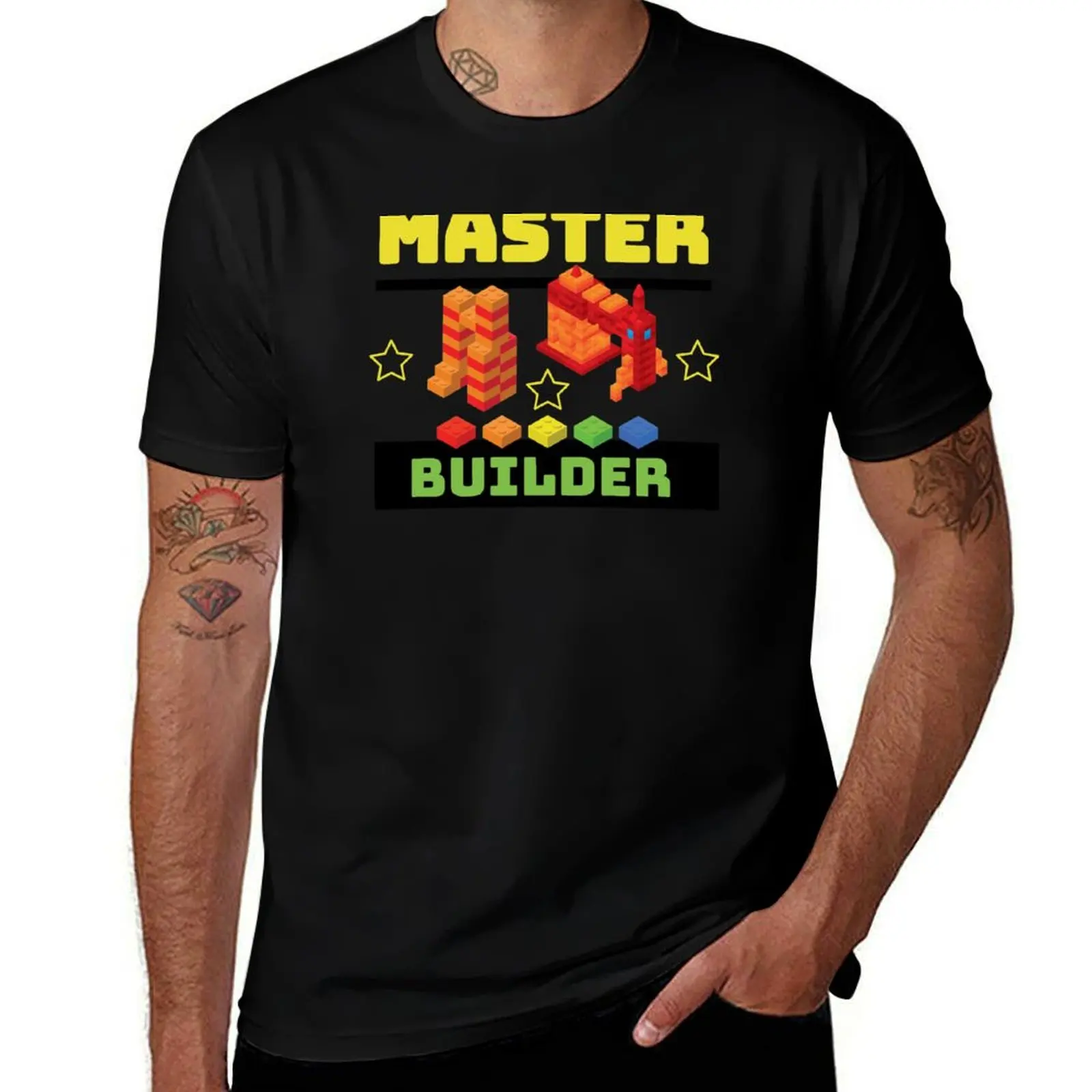 Maître Constructeur - T-shirt de sport d'extérieur à manches courtes avec motif de briques de construction amusantes