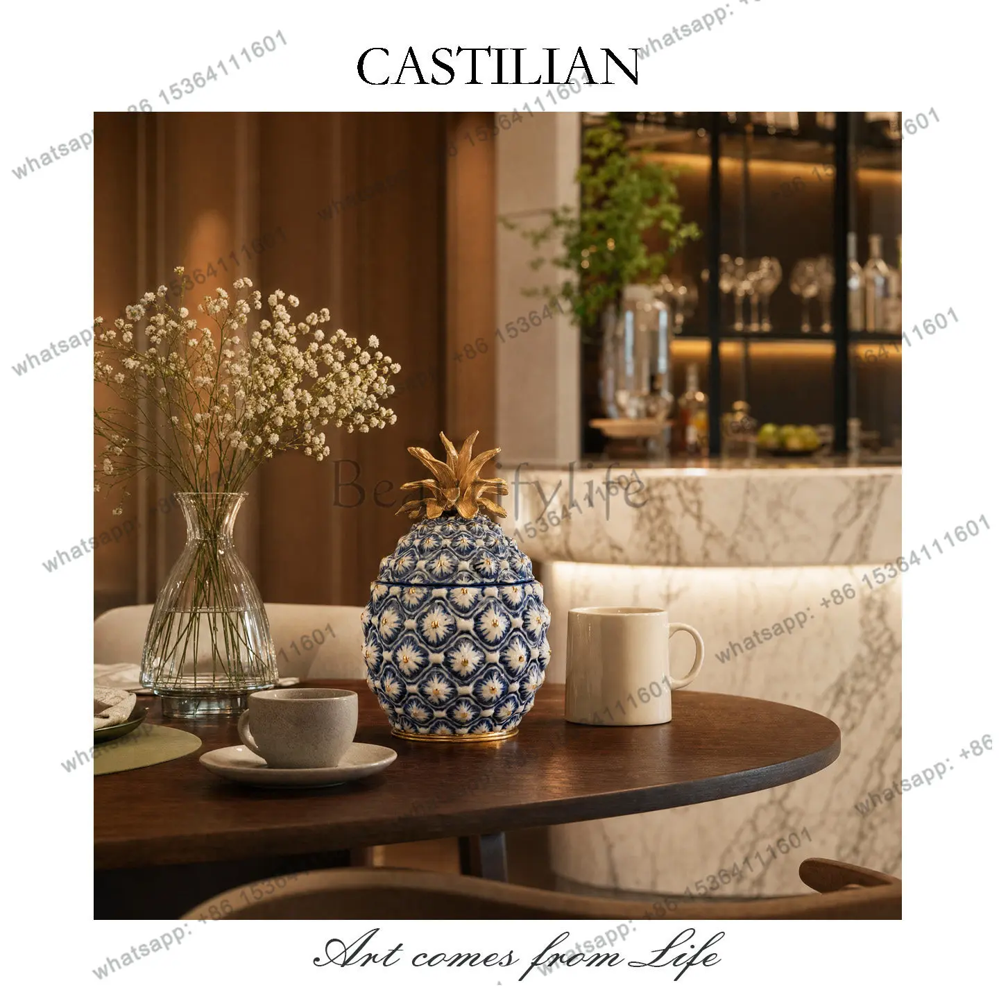 New Chinese blue and white pineapple tea can ceramic boutique high-end creative ornament C6325