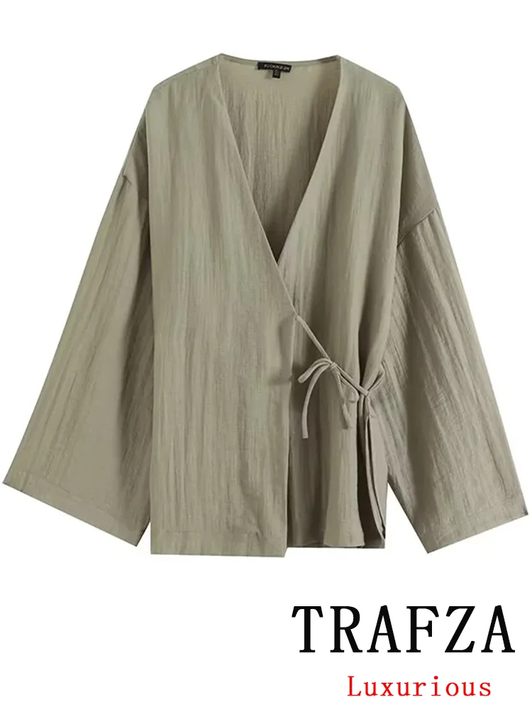 

TRAFZA Vintage Chic Solid Women Blouse Lace-up V-Neck Long Sleeve Loose Shirts New Fashion 2024 Summer Casual Elegant Blouses