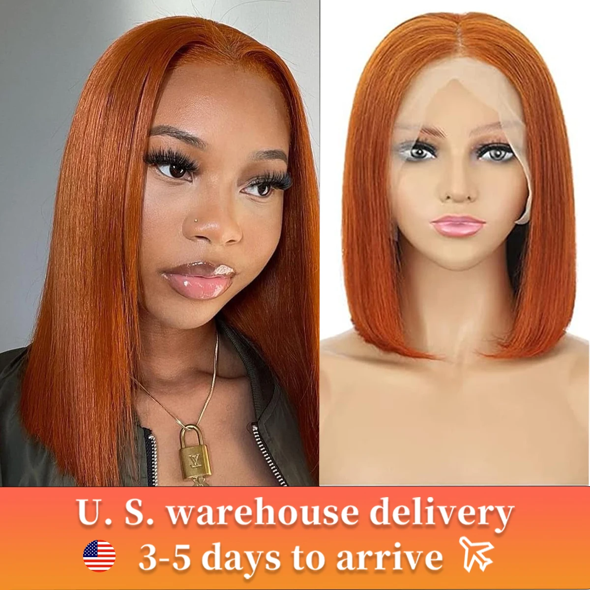 Ginger Orange Straight Short Wig Human Hair Wigs Bobs Human Hair 13x4 Lace Frontal Wigs #350 Straight HD Lace Humain Hair Wig