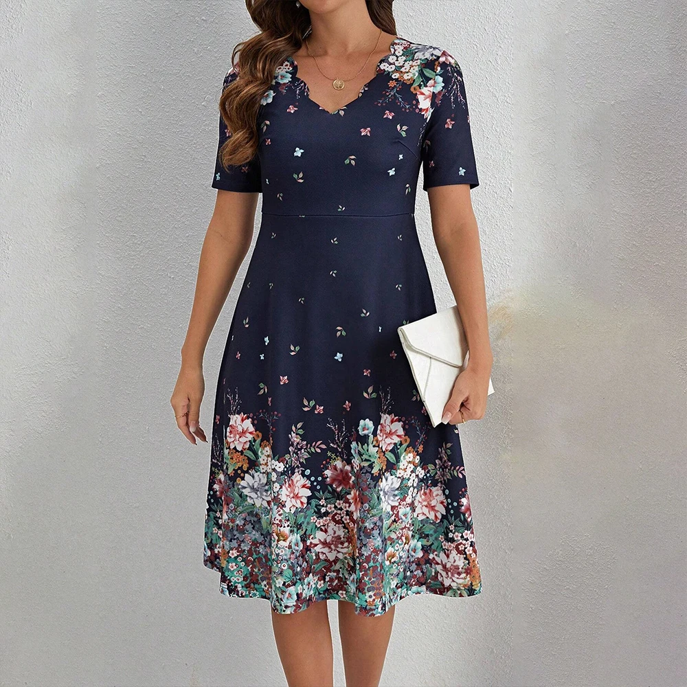 Boho donna manica corta scollo a v a-line abiti stampati floreali Ladies Beach Holiday prendisole arruffato