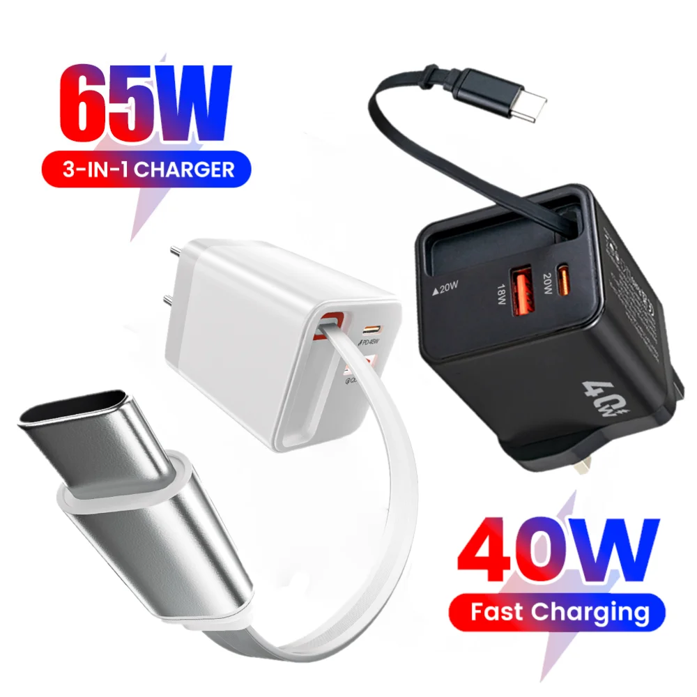 Elough 40W/65WGaN Charger with Retractable Type-C Cable PD Fast Charging for iPhone 16 15 14 Xiaomi Laptop Macbook Phone Charger