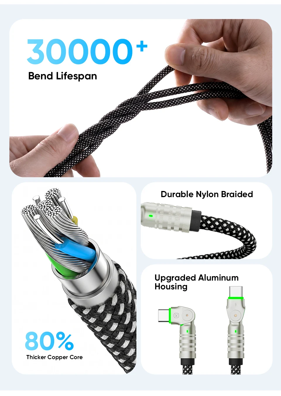 KUULAA 240W Typ-C-Kabel, Schnellladung, 180-Grad-Drehwinkelkabel für Spiele, für Xiaomi Redmi Honor Handy-Ladegerät, USB-C-Kabel – Detail 6