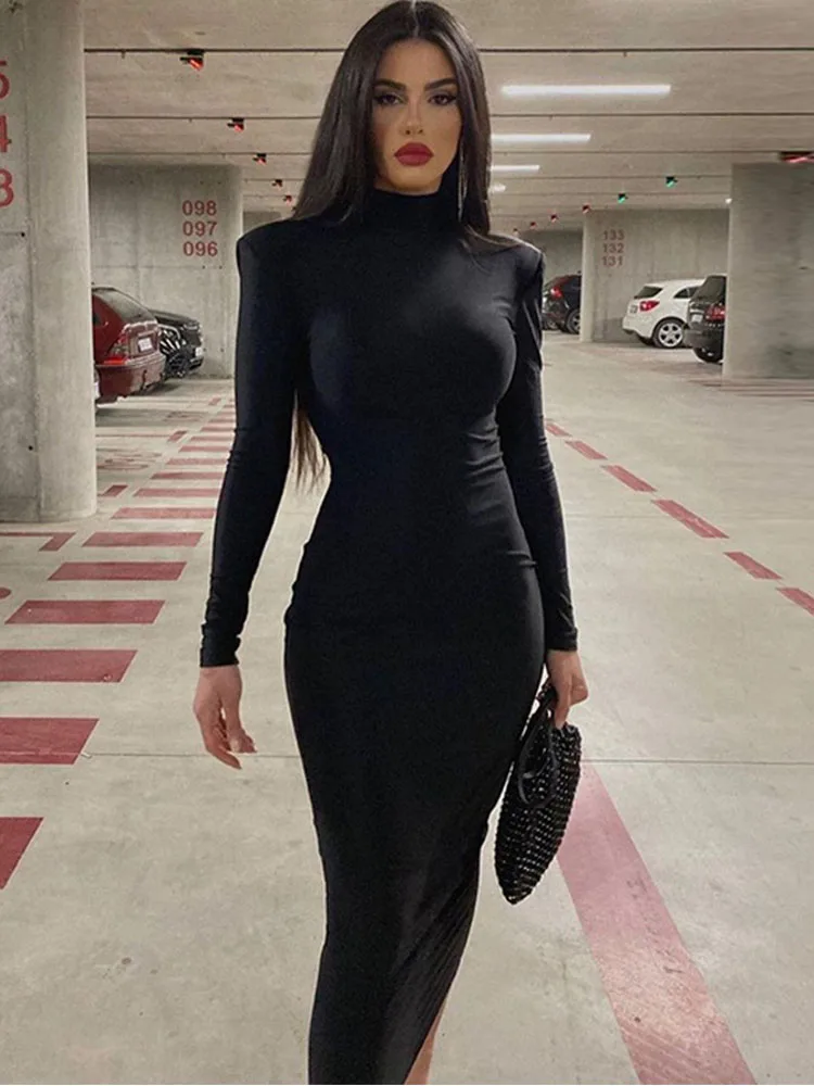 Women 2024 Spring Autumn Fashion Long Sleeve Streetwear Bodycon Black Midi Dress Wholesale Items For Business