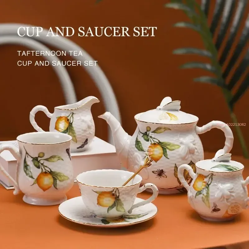 Lemon Tea Cup And Saucers SetEurope Floral Ceramic Mug Coffee Cup Set With Dessert PlateRose Relief Afternoon Tea Coffee Cups