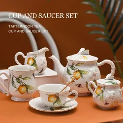 Lemon Tea Cup And Saucers SetEurope Floral Ceramic Mug Coffee Cup Set With Dessert PlateRose Relief Afternoon Tea Coffee Cups