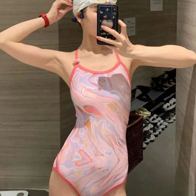 Beautiful Pink Tie Dye One Piece Swimwears Young Women Lovely Cute Racing Swimsuit Sweet Girls Korean Fashion Beach Bikinis Y2K
