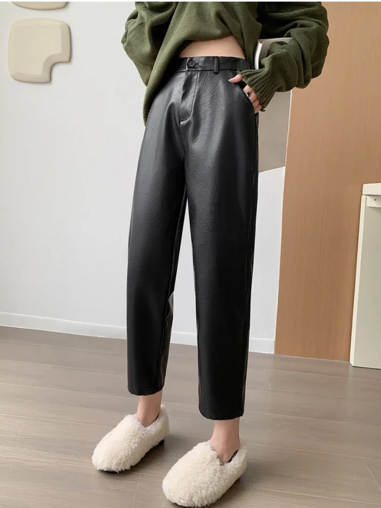 

Black PU Leather Harem Pants Women 2023 Autumn Winter New High Waisted Nine-point Boot Trouser Female Chic Slim Fit Street Wear