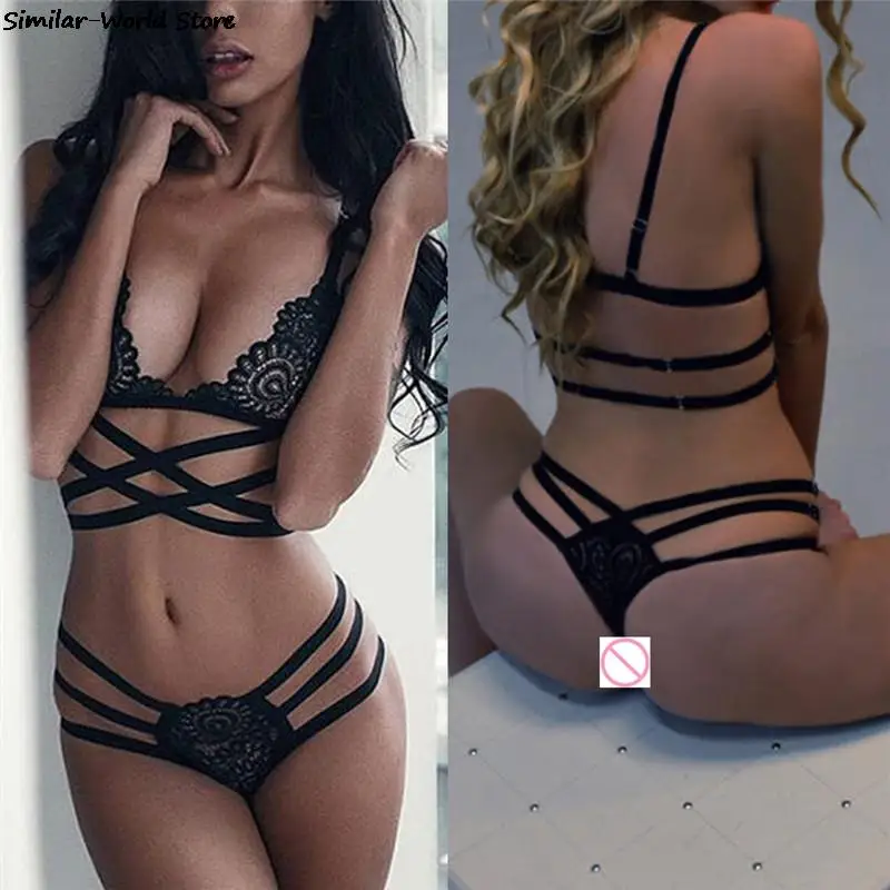 2017 Hot Selling Summer Styles Hollow Out Bandage Lace Triangle  Cross Push Up Strap Sexy Women Suitbrief Set