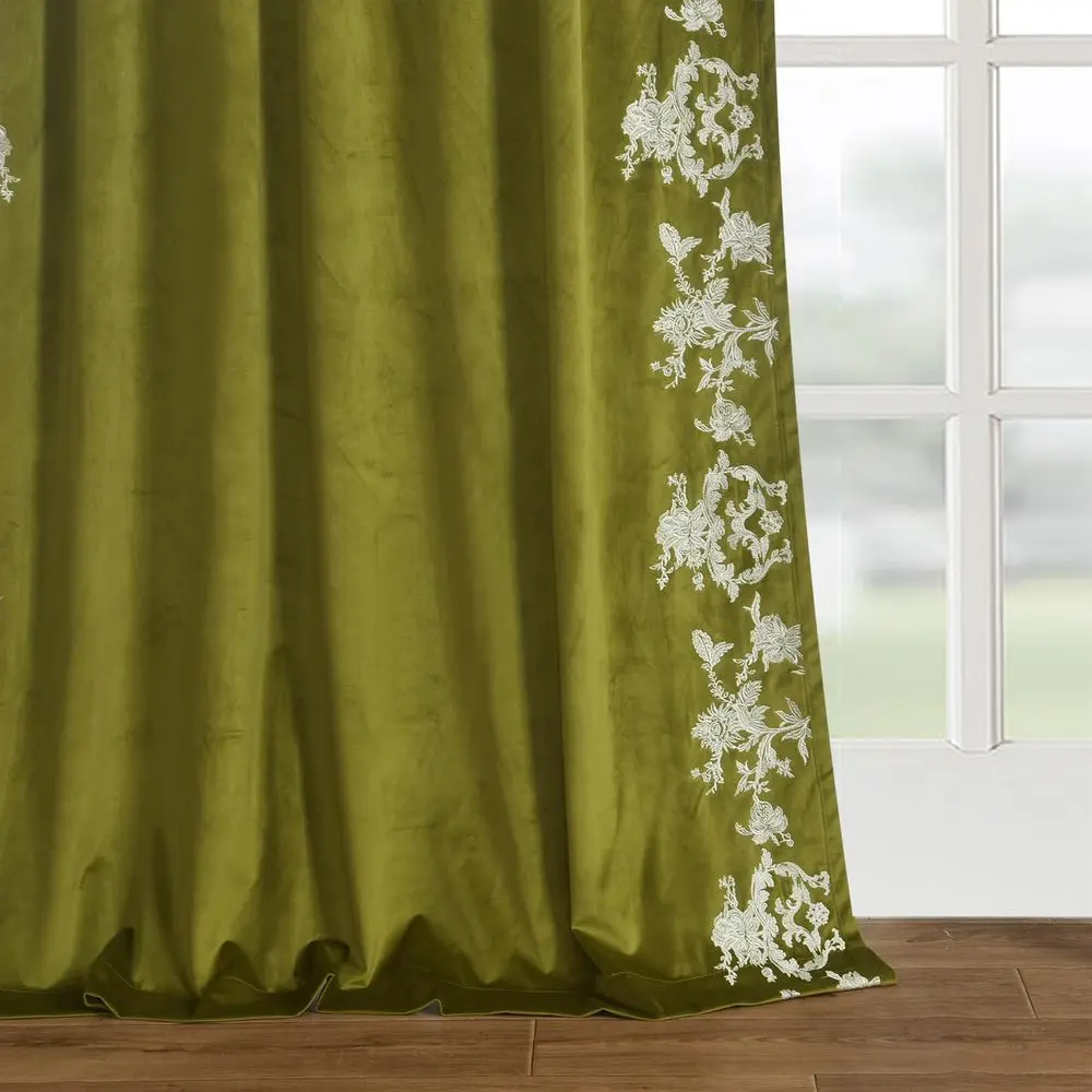 Elegant Olive Green Velvet Curtains with White Floral Embroidery, 52 Wide x 96 Long, Set of 2 for Home Decor