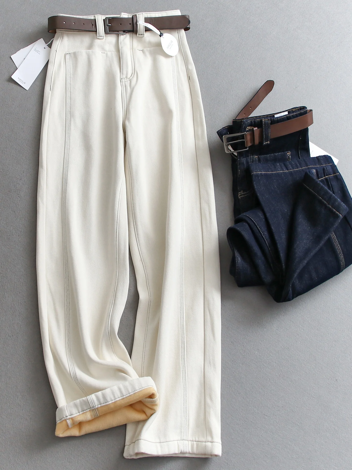 

High Waist Wide Leg Pants Women's Thickened Fleece Lined Loose Fit Jeans High Waist 3D Tailored Long Length Bootcut Denim