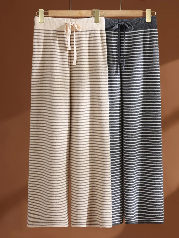 

Women 100% Merino Wool Wide Leg Pants Color-blocking Stripe Elastic Waist Trousers Autumn Winter Drawstring Casual Knitted Pants