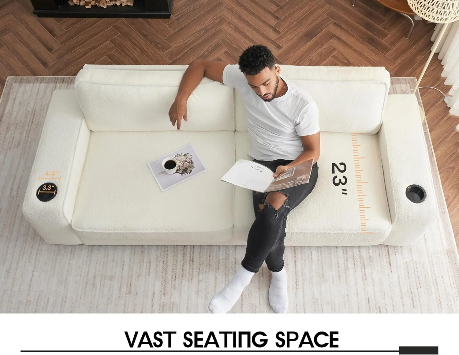 Vanacc-sofá moderno de 89 pulgadas, mueble cómodo con portavasos y puertos de carga Usb, color blanco, para asiento profundo