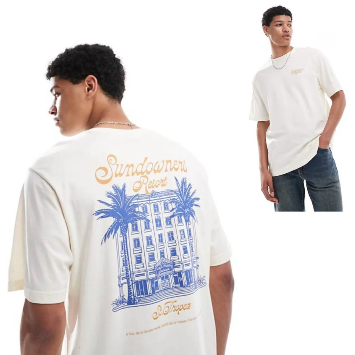 Oversized Fit T-shirt with Resort Back Print in Cream High-end Luxury Unisex Style Both of Men and Women