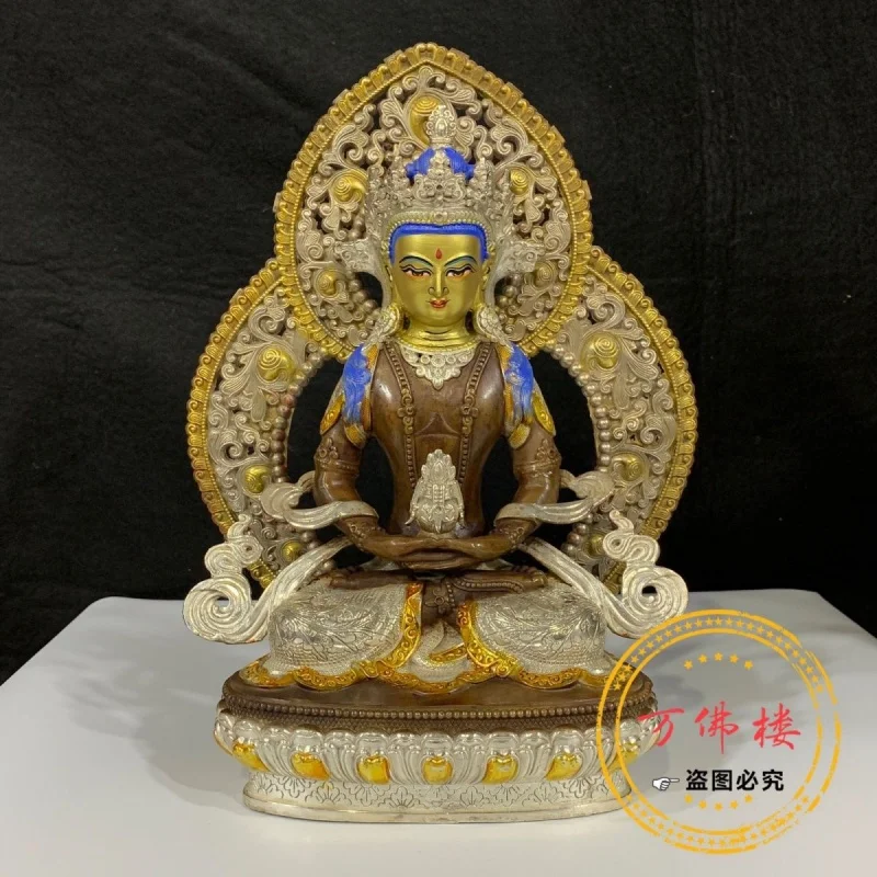 33 cm Copper Gilt Retro Color Longevity Buddha Statue Tibetan Culture Home Ornaments 10-Inch Painted Tibetan Bodhisattva