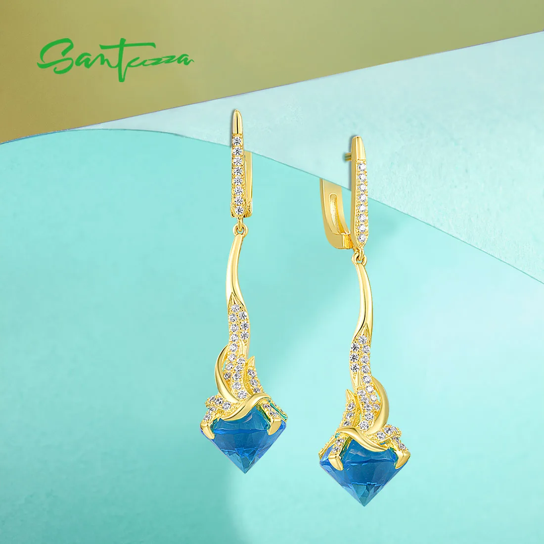 

SANTUZZA 100% 925 Sterling Silver Earrings For Women Sparkling White Cubic Zirconia Blue Glass Charming Party Shine Fine Jewelry