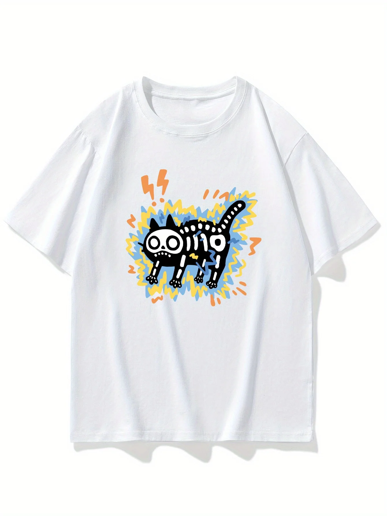 Fun Skeleton Cat Minimalist Style T-shirt Casual Versatile Design Loose Casual Trendy Brand Base Shirt Youth Top