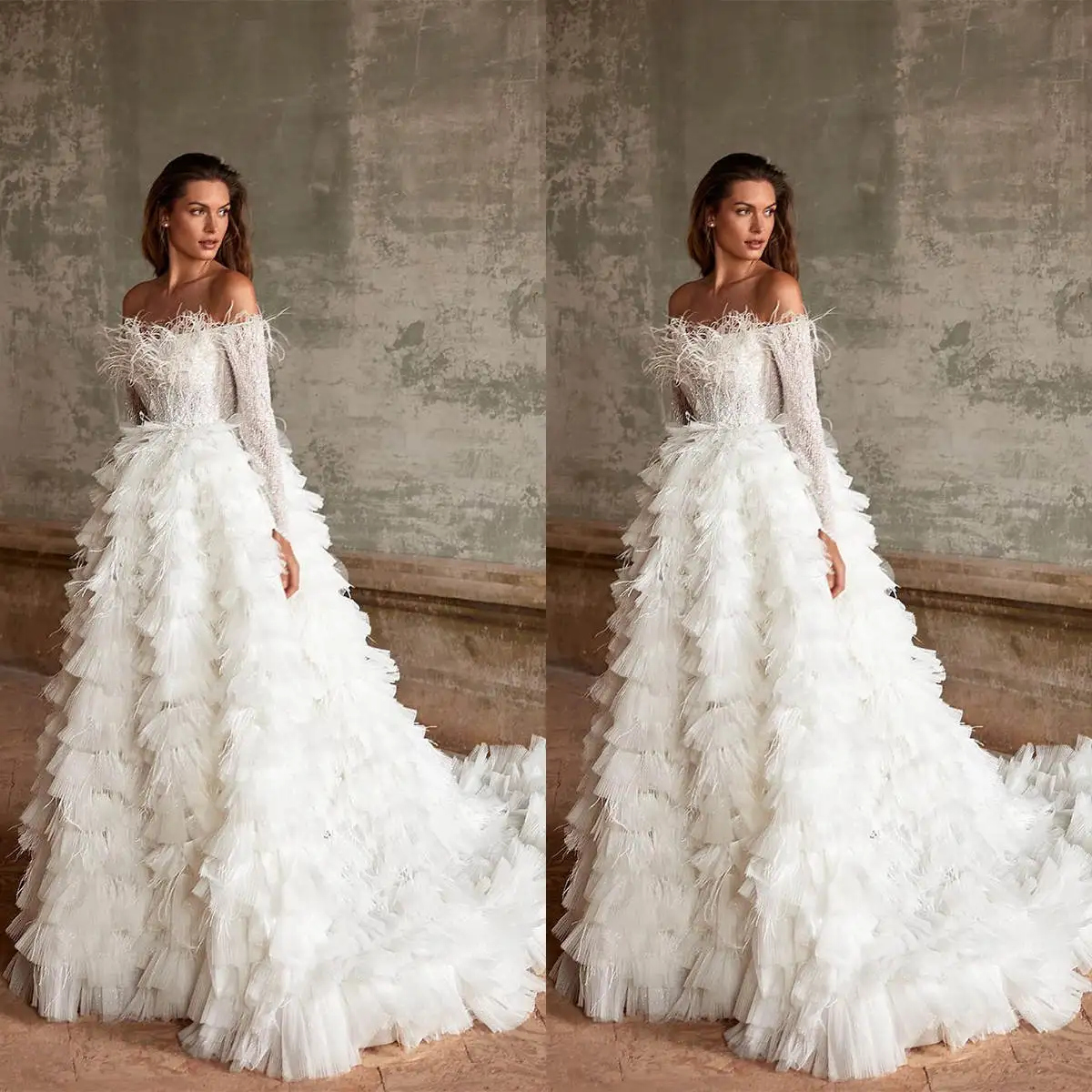 Dreamy A-Line Gown Wedding Dresses Feathers Ruffles Lace Strapless Bridal Gowns Plus Size Vestidos De Novia Custom Size Colour