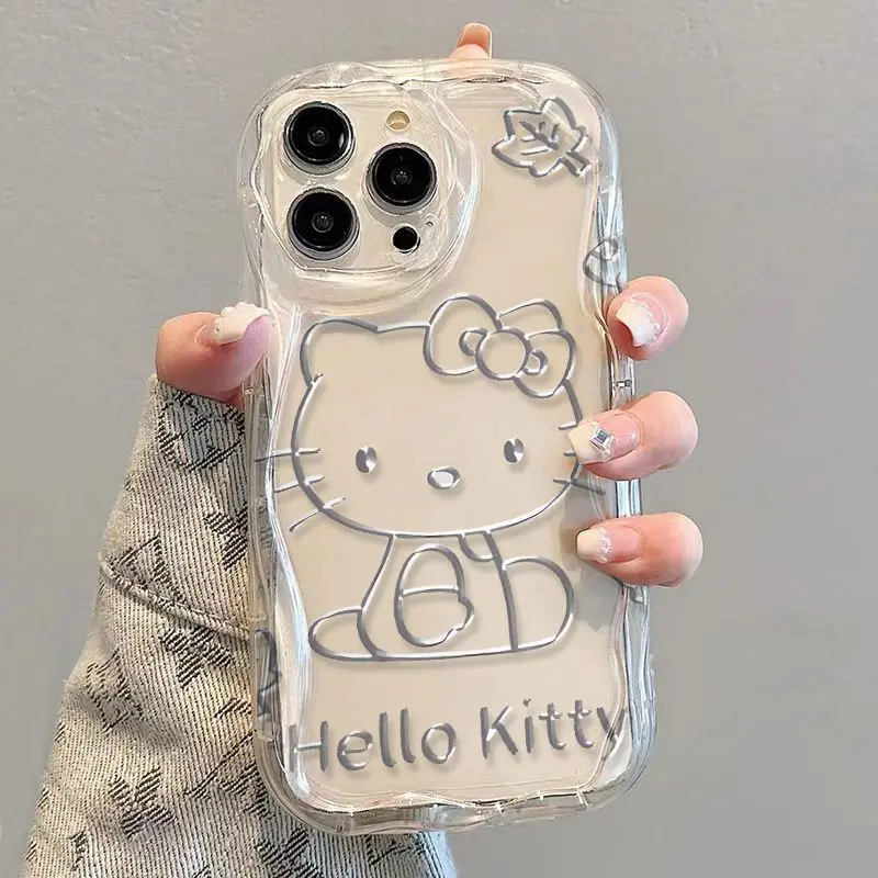 Sanrio Hello Kitty Curved Silver Lines KT Phone Case For iPhone 16 15 14 13 12 11 ProMax XR XS MAX 7 8Plus Y2K Girls Laser Cover