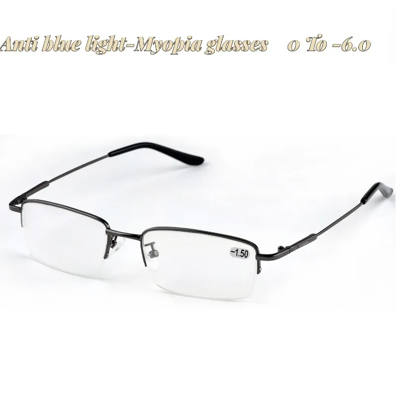 Blaulichtbeständige Brille, halber Rahmen, Myopie-Brille, flexible Brillenbeine, ultraleicht fertige Myopie-Brille, Brille für Herren