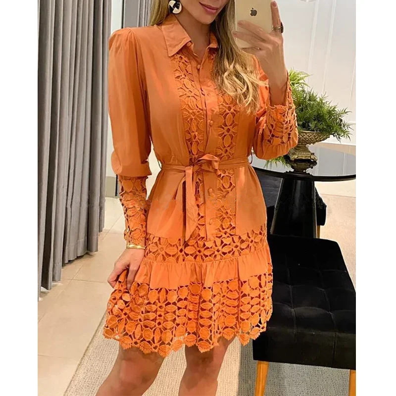 Spring Summer Shirt Dresses Women Two Piece With Lining Elegant Lace Patchwork Slim Dress Ladies Buttons Ruffles Party Dress