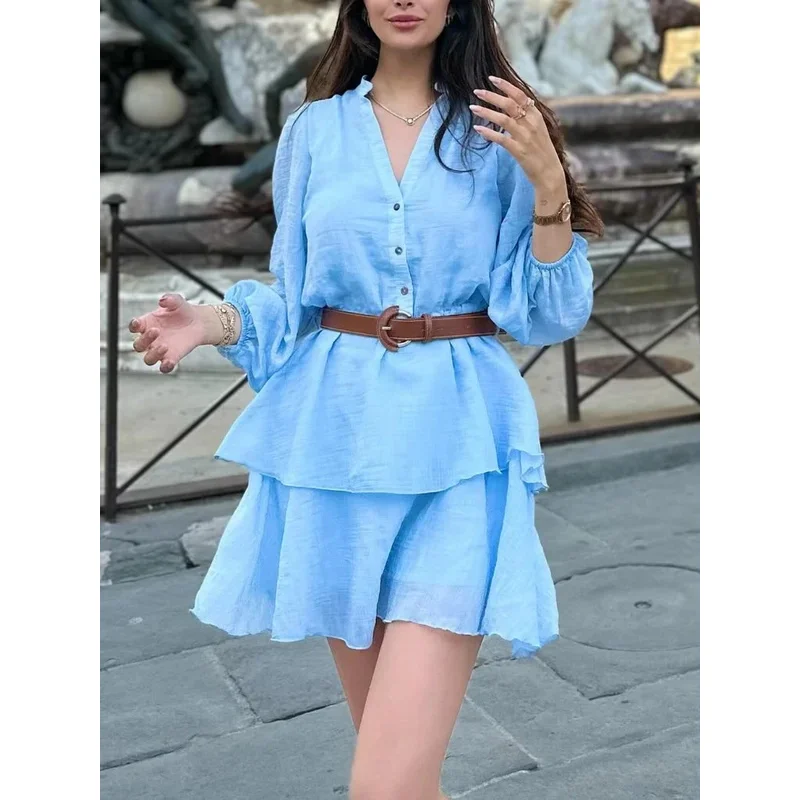 Moda casual feminina em camadas cor sólida com decote em v único breasted manga comprida faixa mini vestido nova moda 2025 vestido de verão