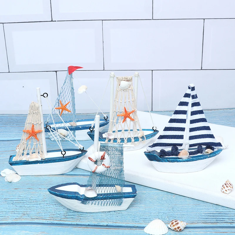 1PC Mediterranean Style Marine Nautical Wooden Blue Boat Ship Wood Crafts Ornaments