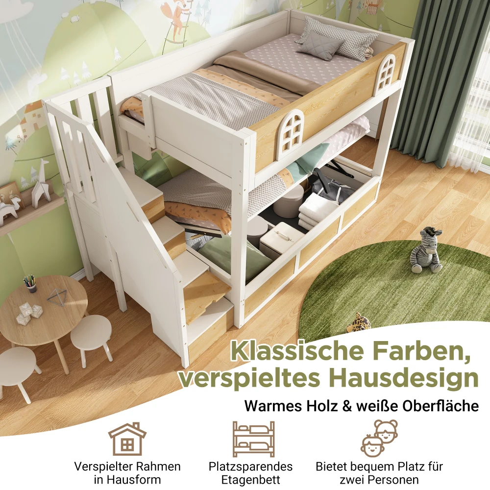 Cama Beliche Infantil com Escada e Armazenamento 90x200cm, Cama de Casal com Grade de Segurança, Colchão Não Incluído