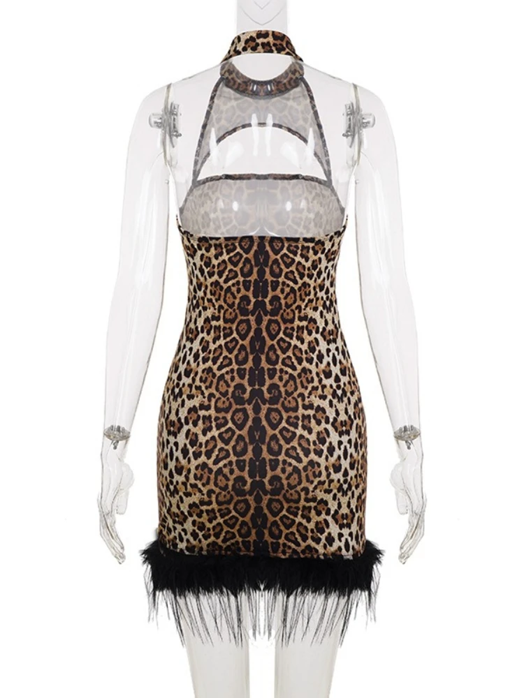 SsTss Sexy Neckholder-Kleid mit Leopardenmuster für Damen, modisch, pelziger Saum, Ausschnitt vorne, ärmellos, rückenfrei, schlank, figurbetont, Club-Minikleid