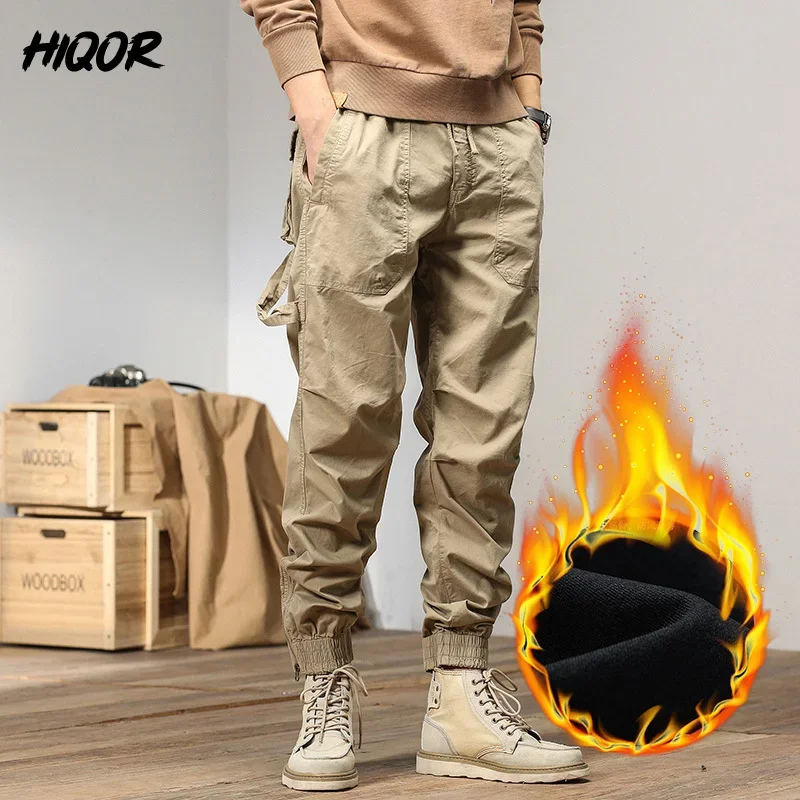 HIQOR Winter Fleece Cargo Pants Men Classic Outdoor Hiking Army Joggers Camping Overalls Thicken Baggy Tactical Pants for Men