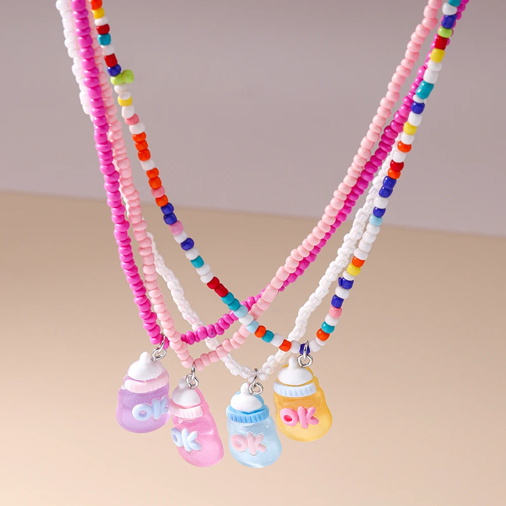 4pcs/set Cute Feeding Bottle Pendant Necklace for Women Girls Colorful Beads Necklace Kid's Party Birthday Jewelry Gift