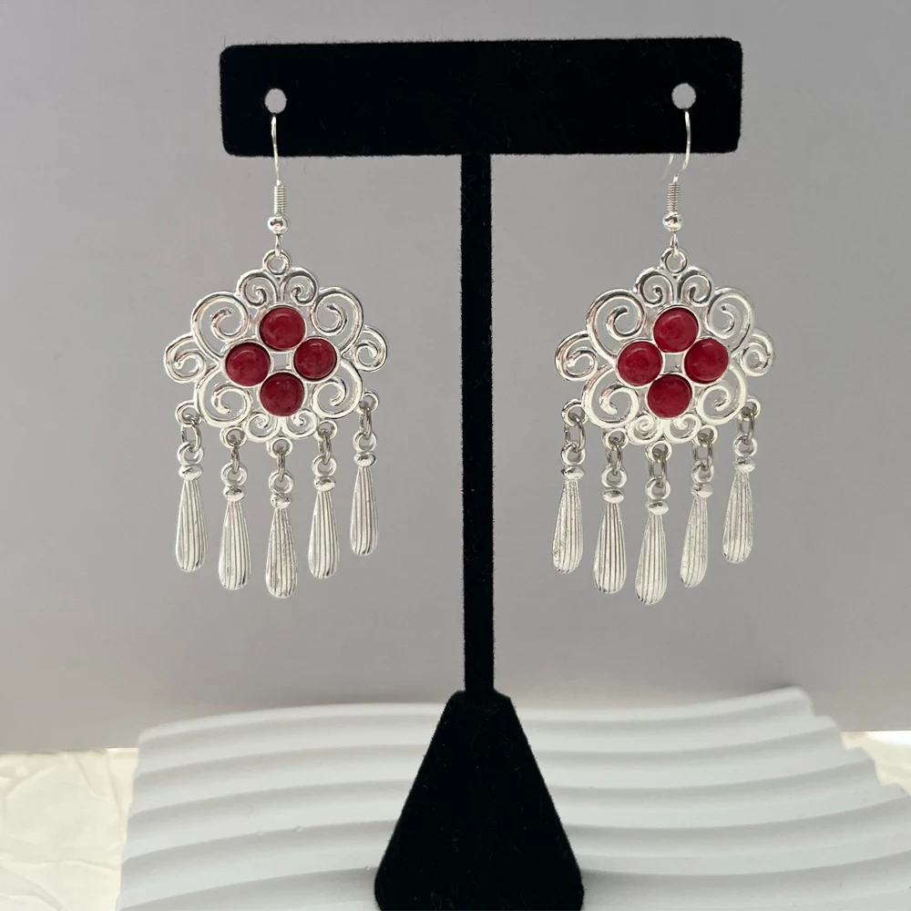 الهندي خمر المؤكسد الفضة اللون المعادن انخفاض الأقراط للنساء بوهو الأزرق الأسود حجر أقراط أذن منسدلة مجوهرات العرقية العربية #5