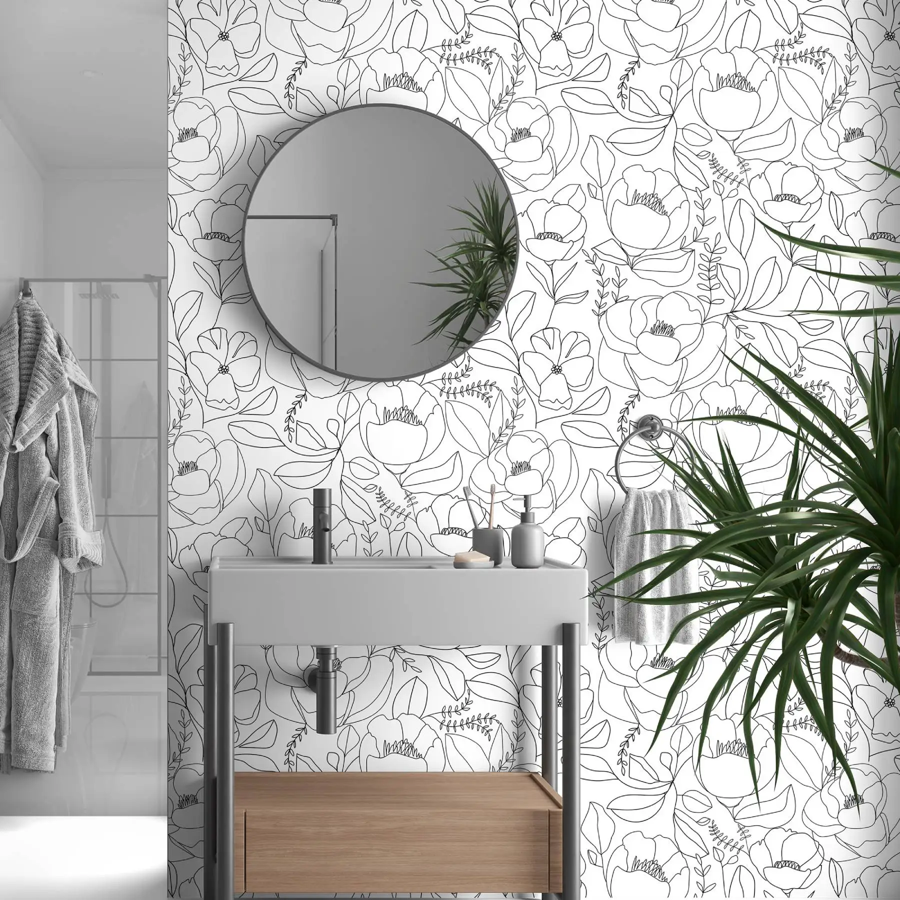 Boho Black White Wallpaper Floral Peel and Stick Wallpaper Modern Removable Contact Paper for Bedroom Cabinets Shelf Liner
