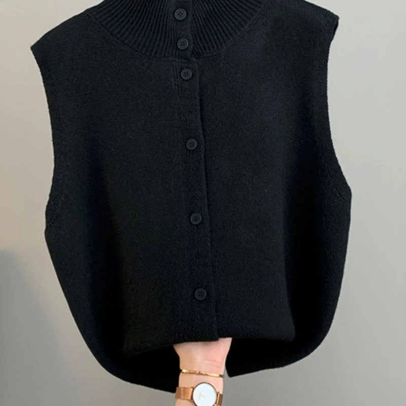 سترة محبوكة للنساء بلون سادة نصف الياقة المدورة تويست بلا أكمام سترة موضة مزدوجة الوجهين ارتداء صدرية فضفاضة تريكو #4