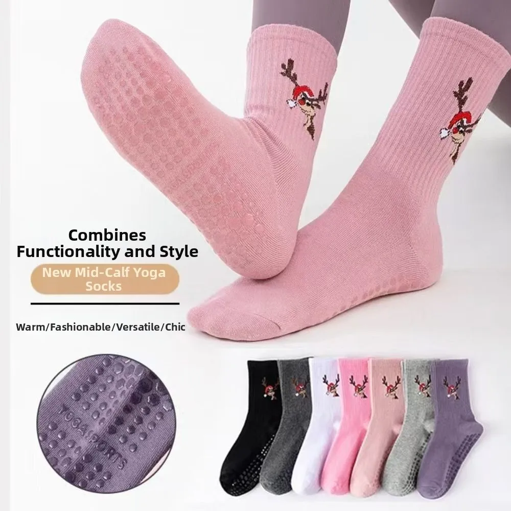 

New Cotton Pilates Socks Harajuku Street Breathable Yoga Socks Sweat-absorbent Non-Slip Grip Deer Embroidery Socks