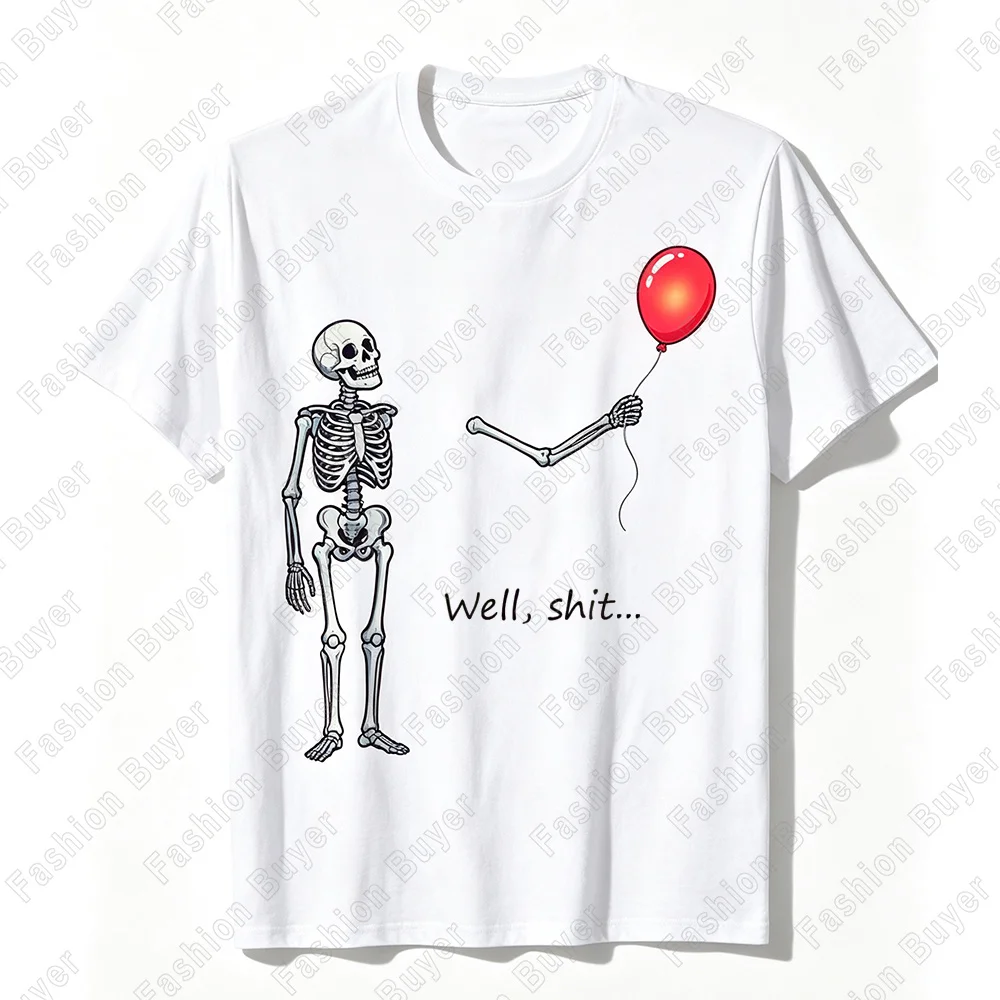 Well Shit Skeleton with Lost Balloon Print T-Shirt Unisex Crew Neck Short-sleeved Retro Street Y2K Casual Fashion Tops Clothing