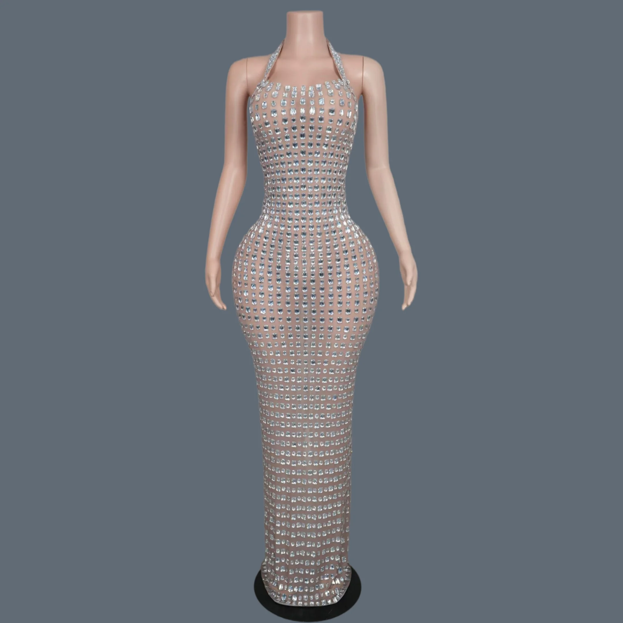 

Elegant Long Prom Transparent Mesh Dresses Beaded Backless Evening Gown Club Sparkly Rhinestone Crystals Luxury Outfit Bingkuai